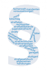 Eine Wortwolke in Form eines Paragraphenzeichens zum Thema Anwalt für Strafrecht in Stuttgart.