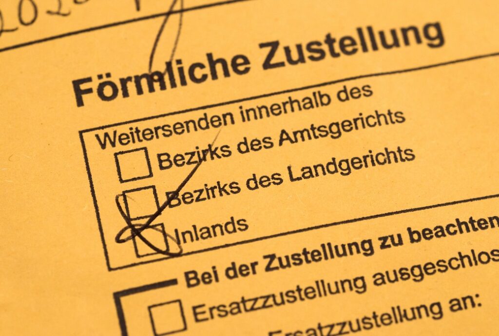 Gelbes Briefkuvert mit dem Text "Förmliche Zustellung" in deutscher Sprache, Deutschland