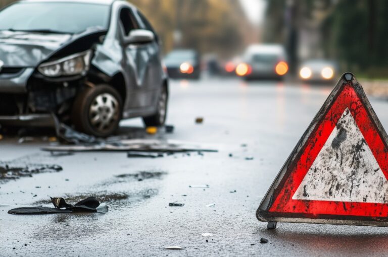 Ein Verkehrsunfall mit Warndreieck im Vordergrund